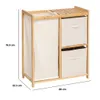A bamboo laundry hamper with two fabric drawers, shown with dimensions indicated. Podgląd zdjęcia produktu
