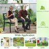 A couple sits on a black metal garden bench on a wooden deck, surrounded by greenery. The image also includes smaller inset images showcasing different applications of the bench. Podgląd zdjęcia produktu