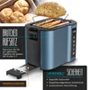 A collage of a blue toaster with a bun on top, alongside close-ups of its features and text descriptions. Voir les images du produit