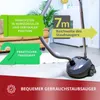 A vacuum cleaner is shown in a room with furniture and plants, with marketing overlays highlighting its features. Produktbild-Vorschau