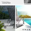 A split image showing a lounge chair in the rain on the left and by a pool with the ocean in the background on the right. Text overlays describe features. Náhled obrázku produktu