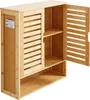 A wooden cabinet with slatted doors and open shelves. Voir les images du produit