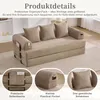A beige sofa bed with cushions and organizer pockets, shown in a living room setting with text overlays highlighting product features. Produktbild-Vorschau