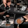Collage of images showing a coffee tamper and portafilter in use. Náhled obrázku produktu