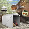 A marketing image showing a portable garage tent with various circular insets highlighting its multi-functional design for storing bicycles, firewood, tools, and garden equipment. Podgląd zdjęcia produktu