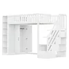 A white loft bed with integrated wardrobe and shelving, shown from a side-angle with stairs leading up to the bed. Anteprima dell’immagine prodotto