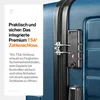 A close-up of a blue suitcase with a TSA lock and descriptive text about its features. Produktbild-Vorschau