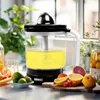 A citrus juicer filled with yellow juice, surrounded by fresh fruits and plants on a kitchen counter. Produktbild-Vorschau