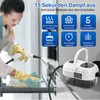 A woman is cleaning a glass surface with a steam cleaner, and a steam cleaner unit is shown on a countertop. Produktbild-Vorschau