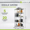 A metal shelving unit with various items stored on its shelves, presented with text overlays highlighting its features. Náhled obrázku produktu