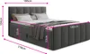 A gray upholstered bed with dimensions indicated by measurement lines and text. Produktbild-Vorschau