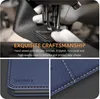 A collage of images showing the craftsmanship of a blue leather phone case, including a close-up of stitching and a sewing machine. Produktbild-Vorschau