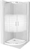 A shower cabin with a patterned glass door and a white shower tray, set against a marble-tiled background. Podgląd zdjęcia produktu