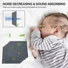 A sleeping baby next to a stack of acoustic panels, with a graphic showing sound waves being absorbed. Produktbild-Vorschau