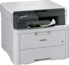 A white and gray Brother DCP-L3520CDW 3-in-1 color laser multifunction printer is shown from a three-quarter front view on a white background. A few sheets of paper are sticking out of the output tray. Podgląd zdjęcia produktu