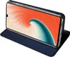 A smartphone in a blue flip case, standing upright on a white surface. Produktbild-Vorschau