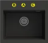 A top-down view of a black sink with a drain in the center. Three yellow circles with letters A, B, and C are visible above the sink. Podgląd zdjęcia produktu