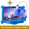 A blue tablet in a protective case and blue headphones are displayed together, with a plus sign and text overlay. Produktbild-Vorschau
