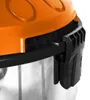 A close-up view of the top section of a wet/dry vacuum cleaner, focusing on the orange lid and a black latch mechanism. Podgląd zdjęcia produktu