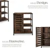 A product image showcasing a wooden and metal sideboard with text descriptions of its design and construction. Náhled obrázku produktu