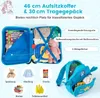 A collage of images showing a blue unicorn-themed children's suitcase and backpack, along with various items that can be packed inside. Produktbild-Vorschau