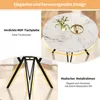 A collage of images showing a round marble-patterned dining table with black metal legs, highlighting its design and materials. Produktbild-Vorschau