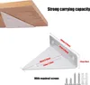 A close-up of a white metal shelf bracket attached to a wooden shelf, with a diagram showing dimensions. Produktbild-Vorschau