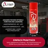 A red fire extinguisher spray can with flames on it, placed in a garage-like setting with cabinets and car wheels in the background. Text overlays provide product information and marketing messages. Produktbild-Vorschau