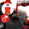 A collage showing a bottle of red liquid being poured into a black engine reservoir, with a close-up of the bottle and a red circular icon with white graphics. Produktbild-Vorschau