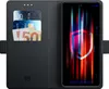 A black wallet case for a smartphone, open to reveal credit cards and cash, with the smartphone screen displaying a shield graphic. Náhled obrázku produktu