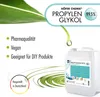A marketing image for Propylene Glycol, showing a large container of the product and highlighting its features. Produktbild-Vorschau