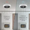 A split image showing a ceiling fan in two different scenarios: one illustrating effective cooling in summer with a sun icon, and the other demonstrating savings on heating in winter with a snowflake icon. Each side has text descriptions and a fireplace as Náhled obrázku produktu