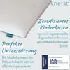A white pillow with text overlays describing its features and certifications. Produktbild-Vorschau