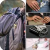 A collage of images showing a mini pill case attached to a backpack, a hand holding a pill case, a hand with jewelry holding a pill case, a close-up of a pill case with keys, and a pill case attached to a handbag. Produktbild-Vorschau