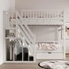 A white bunk bed with stairs and storage, set in a room with light pink walls and a wooden floor. Náhled obrázku produktu