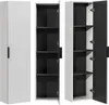 Three views of a tall, narrow cabinet with a fluted white door on the left, and two views of an open cabinet with black shelves and white interior on the right. Produktbild-Vorschau