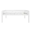 A white wooden loft bed frame with a slatted base and safety rails, shown from the side against a white background. Anteprima dell’immagine prodotto