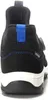 The back view of a black safety shoe with blue accents. Produktbild-Vorschau