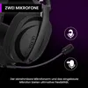 Close-up of a black gaming headset with text overlays and icons highlighting features. Produktbild-Vorschau
