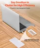 A laptop is shown on a wooden surface, with a cable management accessory in the foreground and a close-up inset showing the accessory storing cables. Voir les images du produit