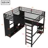 A diagram showing the dimensions of a black metal bunk bed with integrated desk and shelves. Produktbild-Vorschau