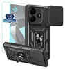 A black smartphone case with a built-in ring stand and a sliding camera cover, shown with a screen protector. Produktbild-Vorschau