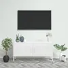 A white TV stand with two doors is shown against a light gray wall, with a large black TV mounted above it. Decorative plants and vases are placed on and around the stand. Voir les images du produit