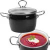 A black enamel pot with a glass lid is shown above a pot filled with red soup. Podgląd zdjęcia produktu
