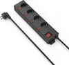 A black power strip with four outlets and individual switches, connected to a black power cord and plug, is shown on a white background. Produktbild-Vorschau