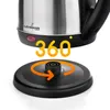 A close-up of a stainless steel electric kettle with a black base, highlighting its 360-degree swivel base. Podgląd zdjęcia produktu