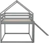 A gray wooden loft bed with a house-shaped frame, a slide, and a slatted base. Produktbild-Vorschau