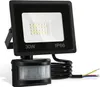 A black LED floodlight with a motion sensor attached, shown against a white background. Produktbild-Vorschau