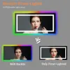 A collage showing a woman in a mirror with different lighting options: RGB backlit and front-lit. Produktbild-Vorschau