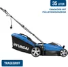 A blue electric lawnmower with a grass catcher bag, shown from a side-angle on a white background. Produktbild-Vorschau